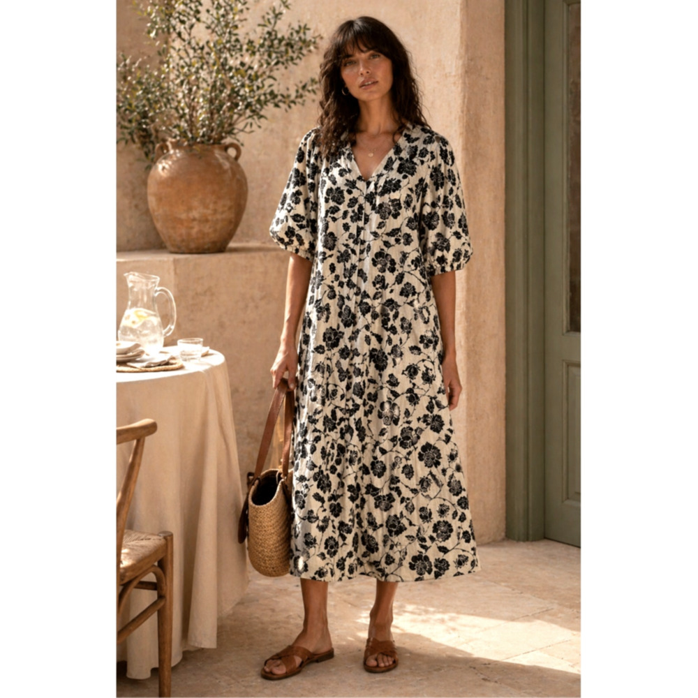 Zimmermann 0 Linen Lovestruck Floral Midi Dress $795 Puff Sleeve Black Small NWT